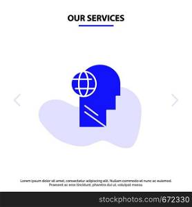 Our Services Business, Globe, Head, Mind, Think Solid Glyph Icon Web card Template