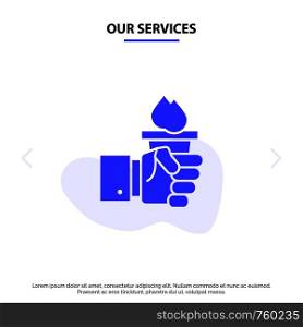 Our Services Business, Hand, Leader, Leadership, Olympic Solid Glyph Icon Web card Template