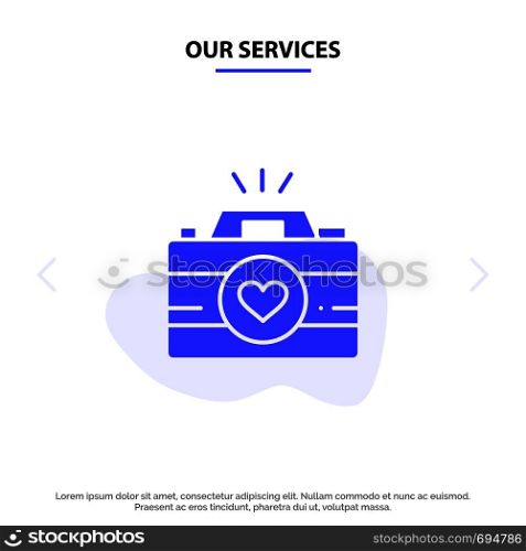 Our Services Camera, Cam, Videogame, Images, Couple Photography Solid Glyph Icon Web card Template