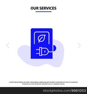 Our Services Car, Charging, Electric, Stations, Vehicle Solid Glyph Icon Web card Template