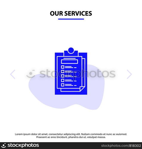 Our Services Card, Presentation, Report, File Solid Glyph Icon Web card Template