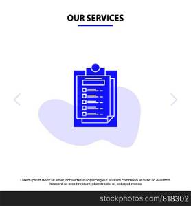Our Services Card, Presentation, Report, File Solid Glyph Icon Web card Template