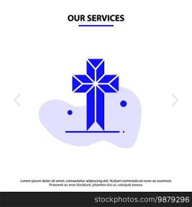 Our Services Cathedral, Church, Cross, Parish Solid Glyph Icon Web card Template