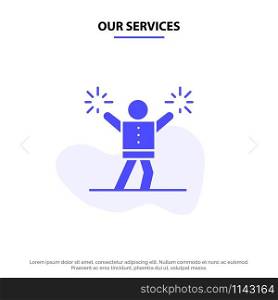 Our Services Cheerleader, Cheerleading, Encourage, Fan Solid Glyph Icon Web card Template