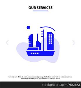 Our Services City, Colonization, Colony, Dome, Expansion Solid Glyph Icon Web card Template