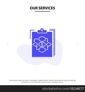 Our Services Clipboard, Business, Diagram, Flow, Process, Work, Workflow Solid Glyph Icon Web card Template