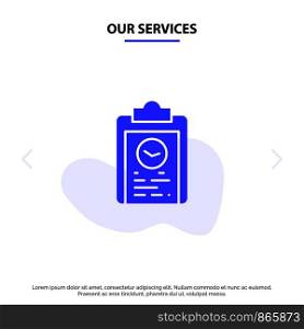 Our Services Clipboard, Coach, Plan, Progress, Training Solid Glyph Icon Web card Template