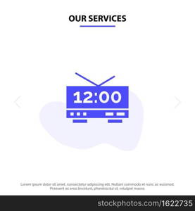 Our Services Clock, Electric, Time, Machine Solid Glyph Icon Web card Template