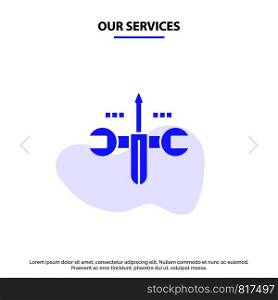 Our Services Cloud, Computing, Screwdriver, Tooling Solid Glyph Icon Web card Template