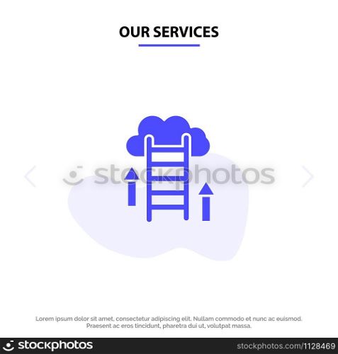Our Services Cloud, Download, Upload, Data, Server Solid Glyph Icon Web card Template