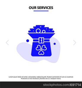Our Services Clover, Coin, Green, Hat, In Solid Glyph Icon Web card Template