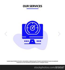 Our Services Compass, Computer, Timer, Location Solid Glyph Icon Web card Template
