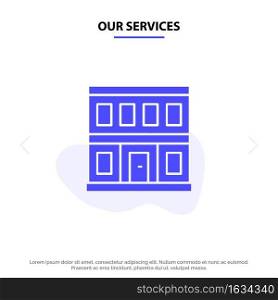 Our Services Construction, Door, House, Building Solid Glyph Icon Web card Template