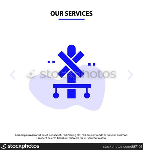 Our Services Cross, Sign, Station, Train Solid Glyph Icon Web card Template