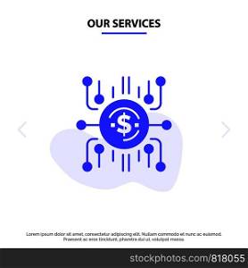 Our Services Crowd fund, Crowd funding, Crowd sale, Crowd selling, Funding Solid Glyph Icon Web card Template