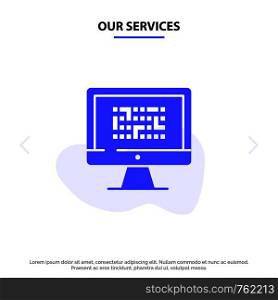 Our Services Cryptography, Data, Ddos, Encryption, Information, Problem Solid Glyph Icon Web card Template