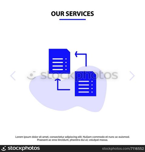 Our Services Data, File, Share, Science Solid Glyph Icon Web card Template