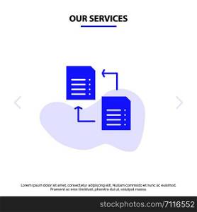 Our Services Data, File, Share, Science Solid Glyph Icon Web card Template