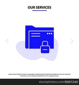 Our Services Data, Folder, Password, Protection, Secure Solid Glyph Icon Web card Template