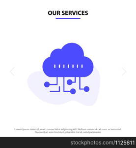 Our Services Data, Manage, Technology Solid Glyph Icon Web card Template