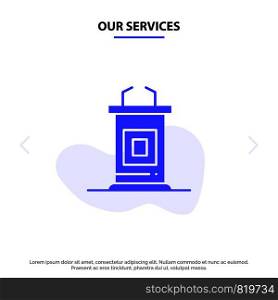 Our Services Desk, Conference, Meeting, Professor Solid Glyph Icon Web card Template