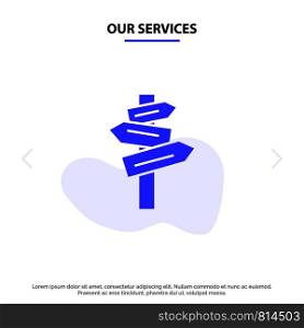 Our Services Direction, Hotel, Motel, Room Solid Glyph Icon Web card Template