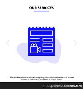 Our Services Document, Basic, Video, Camera Solid Glyph Icon Web card Template