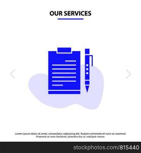 Our Services Document, Business, Clipboard, File, Page, Planning, Sheet Solid Glyph Icon Web card Template