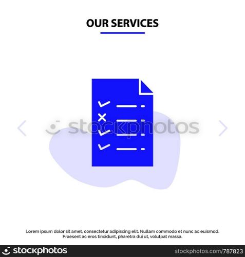Our Services Document, File, Education Solid Glyph Icon Web card Template