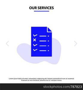 Our Services Document, File, Education Solid Glyph Icon Web card Template