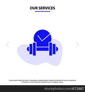 Our Services Dumbbell, Healthcare, Dumb, Sport Solid Glyph Icon Web card Template