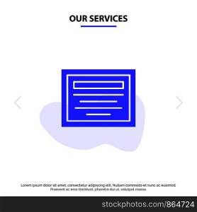 Our Services Education, File, Note Solid Glyph Icon Web card Template