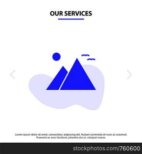 Our Services Egypt, Giza, Landmark, Pyramid, Sun Solid Glyph Icon Web card Template