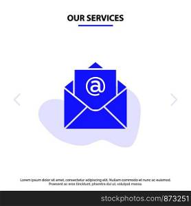 Our Services Email, Mail, Open Solid Glyph Icon Web card Template