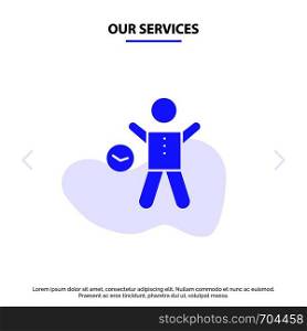 Our Services Exercise, Gym, Time, Health, Man Solid Glyph Icon Web card Template
