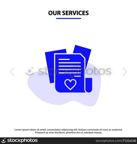 Our Services File, Love, Heart, Wedding Solid Glyph Icon Web card Template