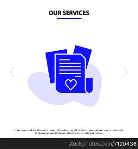 Our Services File, Love, Heart, Wedding Solid Glyph Icon Web card Template