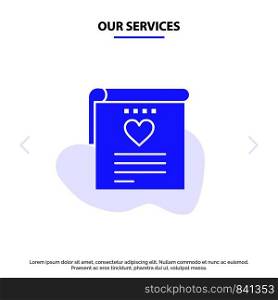 Our Services File, Love, Wedding, Heart Solid Glyph Icon Web card Template