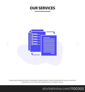 Our Services File, Share, Transfer, Wlan, Share it Solid Glyph Icon Web card Template