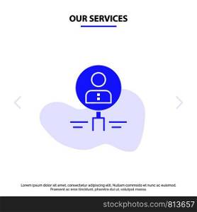 Our Services Find, Glass, Hiring, Human, Magnifier, People, Resource, Search Solid Glyph Icon Web card Template