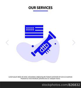 Our Services Flag, Speaker, Laud, American Solid Glyph Icon Web card Template