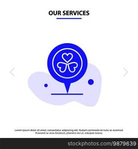 Our Services Flower, Location, Pin, Heart Solid Glyph Icon Web card Template