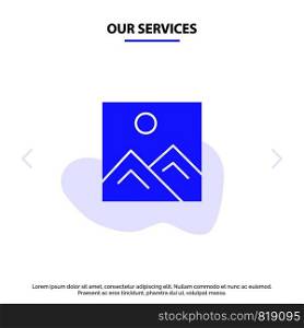 Our Services Frame, Picture, Image, Education Solid Glyph Icon Web card Template