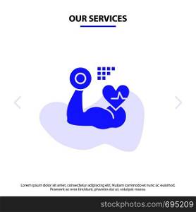 Our Services Growth, Muscle, Heart, Beat Solid Glyph Icon Web card Template