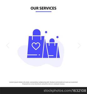 Our Services Handbag, Love, Heart, Wedding Solid Glyph Icon Web card Template