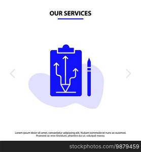 Our Services Head, Plan, Strategy, Tactics, Think Solid Glyph Icon Web card Template