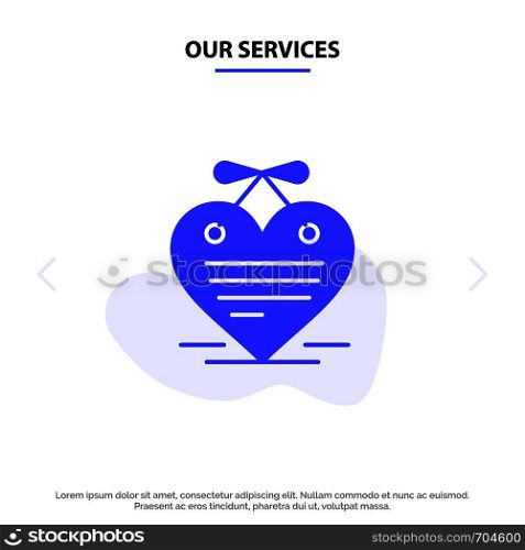 Our Services Heart, Hanging Heart, Calendar, Love Letter Solid Glyph Icon Web card Template