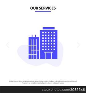 Our Services Hotel, Building, Home, Service Solid Glyph Icon Web card Template