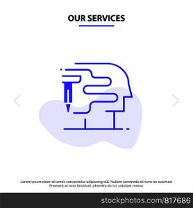 Our Services Human, Printing, Big Think Solid Glyph Icon Web card Template