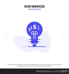 Our Services Innovation, Finance, Finance, Idea, January Solid Glyph Icon Web card Template